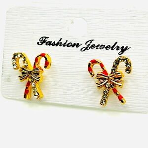 Christmas earrings rhinestone & enamel candy cane w/ gold bow post pierced NWOT